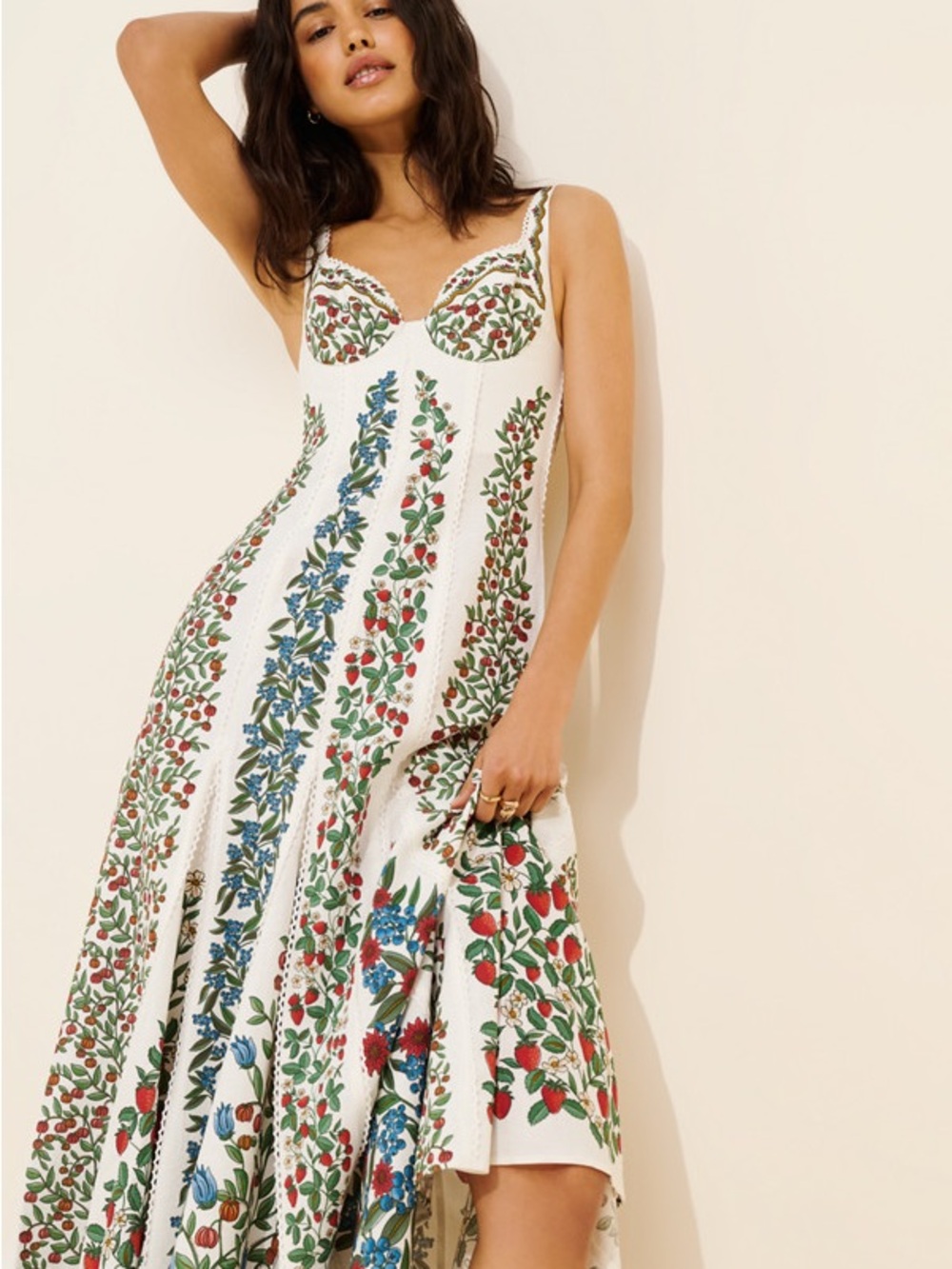 FARM Rio White Maxi Dress with Red & Blue Botanical Stripes